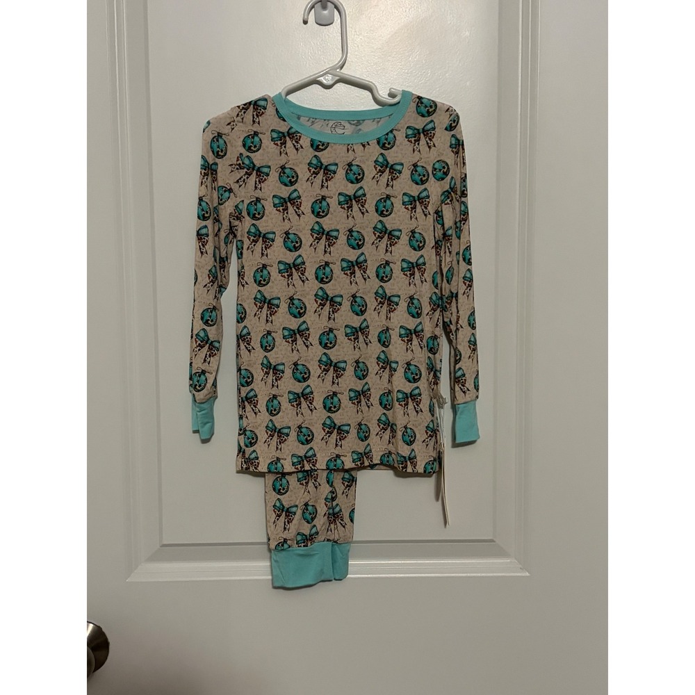 Teal Christmas Ornament Leopard Bow Bamboo Pajama Set NEW